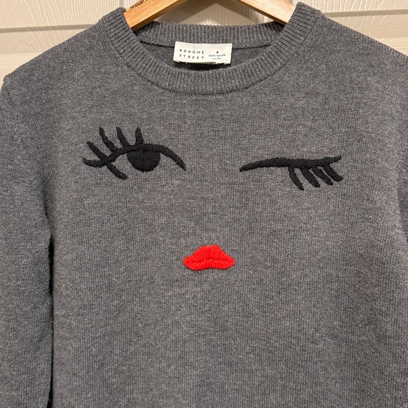 Kate Spade Broome Street Gray Wool Blend Winking Eye Red Lips Sweater Size S - Picture 2 of 4
